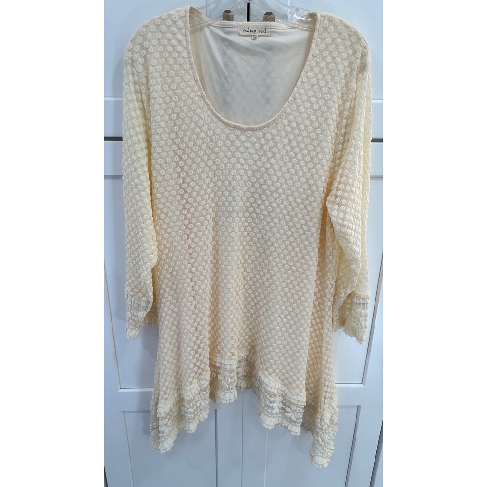 Indigo Soul 3XL Tunic Top Cream Boho Polka Dot Long Sleeve Ruffle Hem Blouse